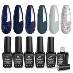 Beetles Gel: conjunto de 6 colores azul noche con brillo para uñas.