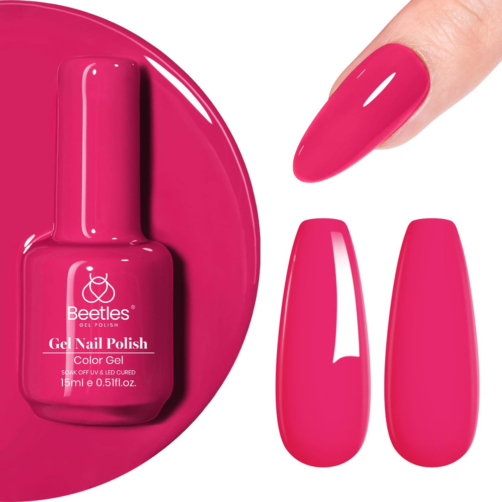 Beetles laca gel rosa neón en bote, color vibrante para uñas.