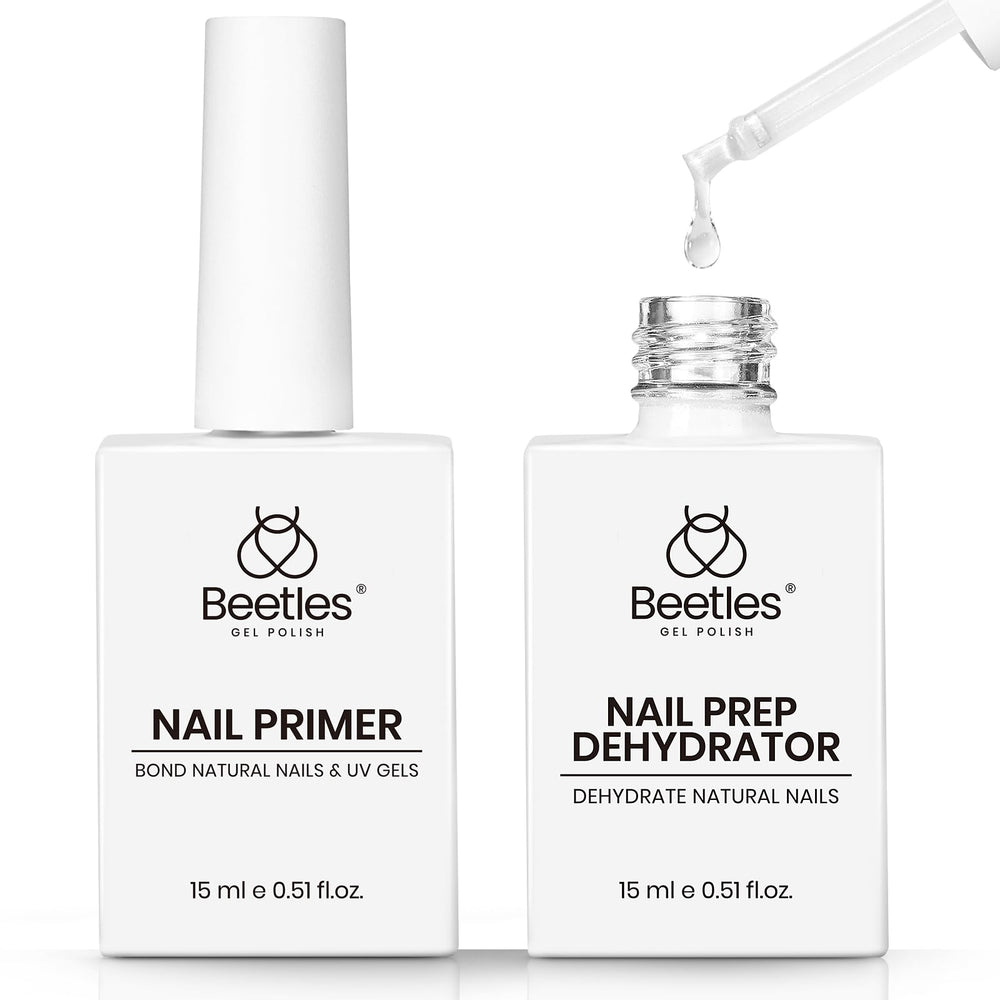 Beetles Nail Dehydrator and Primer acid-free bottles ready for oil-free nail prep.