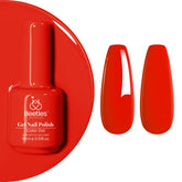Beetles Orange Red Gel Nail Polish bottle closeup, bold color for nails