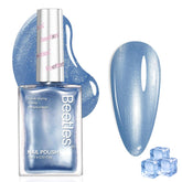 Beetles Pearl Blue Nail Polish bottle closeup shows shimmering pearl finish for elegant nails.