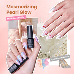 Beetles pearl and glitter gel nail polish close-up for luminous nail art.