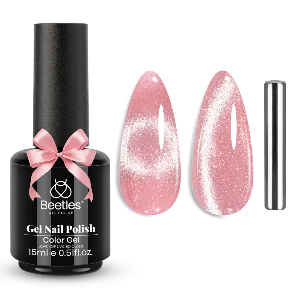 Beetles Pink Cat Eye Gel Polish bottle with magnetic shimmer for elegant at-home manicures.