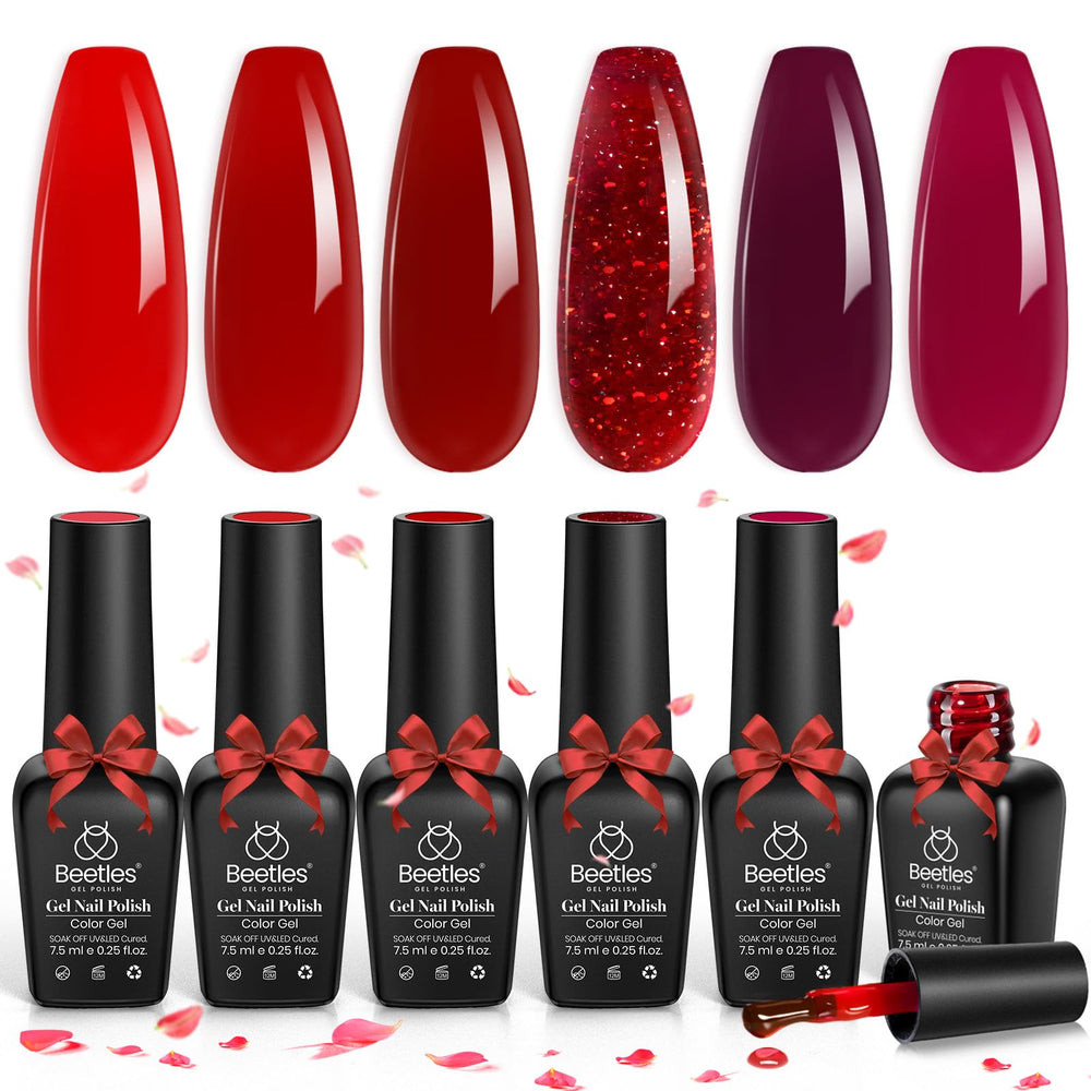 Beetles Red Jelly Gel Nail Polish Set with six bottles for at-home manicures.