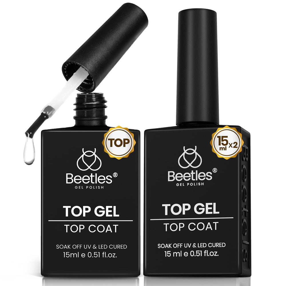 Beetles Top Coat 15ml clear bottle provides lasting high-gloss finish.