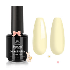 Beetles Yellow Gel Polish Lemon Cheese bottle closeup for long-lasting pastel nails