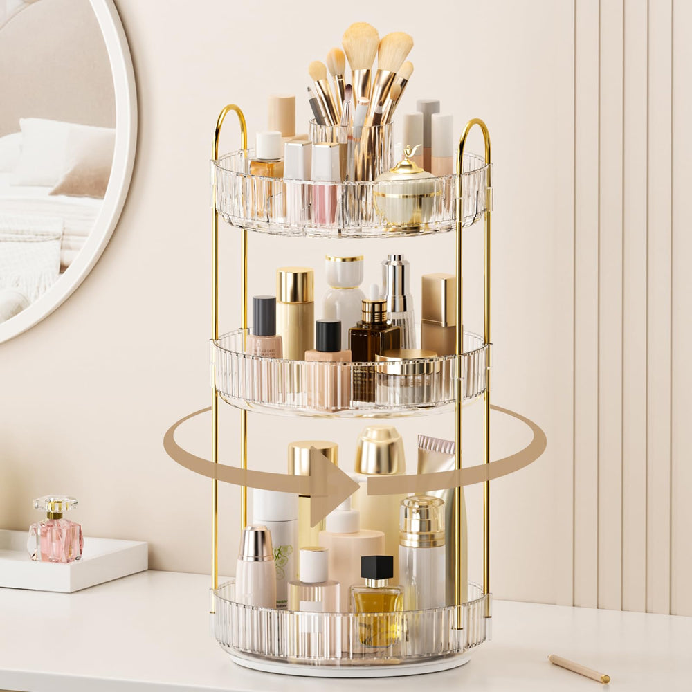 BEFSOP 360° rotating makeup organizer on a vanity for easy access to cosmetics.