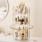 BEFSOP 360° rotating makeup organizer on a vanity for easy access to cosmetics.