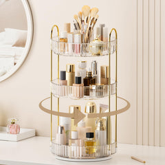 BEFSOP 360° rotating makeup organizer on a vanity for easy access to cosmetics.