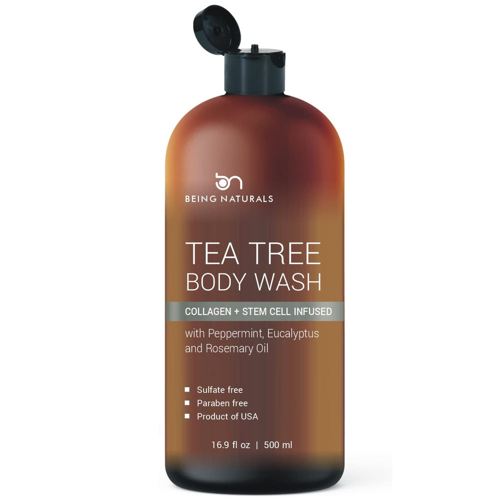 Being Naturals gel ducha árbol de té, botella vertiendo, sensación refrescante y limpia.
