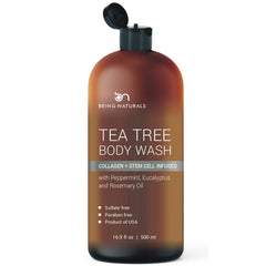 Being Naturals gel ducha árbol de té, botella vertiendo, sensación refrescante y limpia.