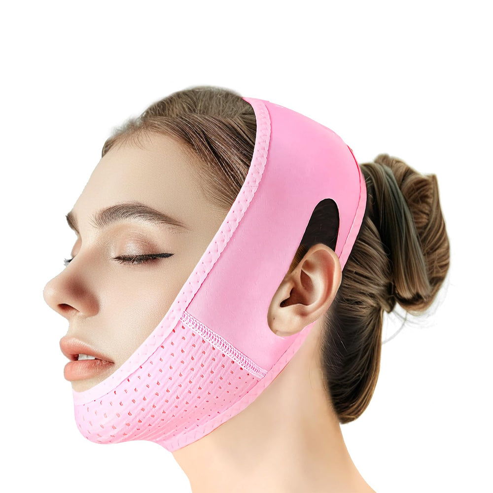 Beiskll VLine mask with chin-strap in pink for defined jawline.