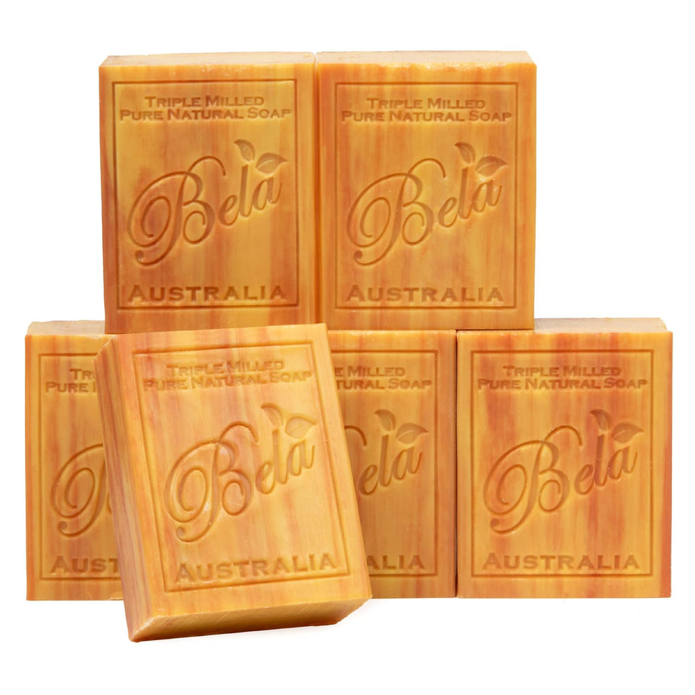 BELA frankincense and myrrh soap pack – six triple-milled bars for long-lasting cleansing.