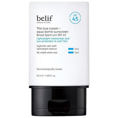 Belif Aqua Bomb SPF 45 bottle close-up highlights lightweight hydration