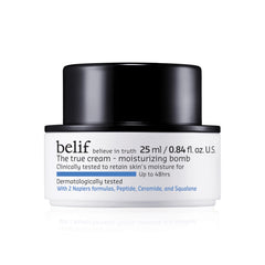 belif Moisturizing Bomb bottle closeup showing a lightweight, fast-absorbing hydration for daily use