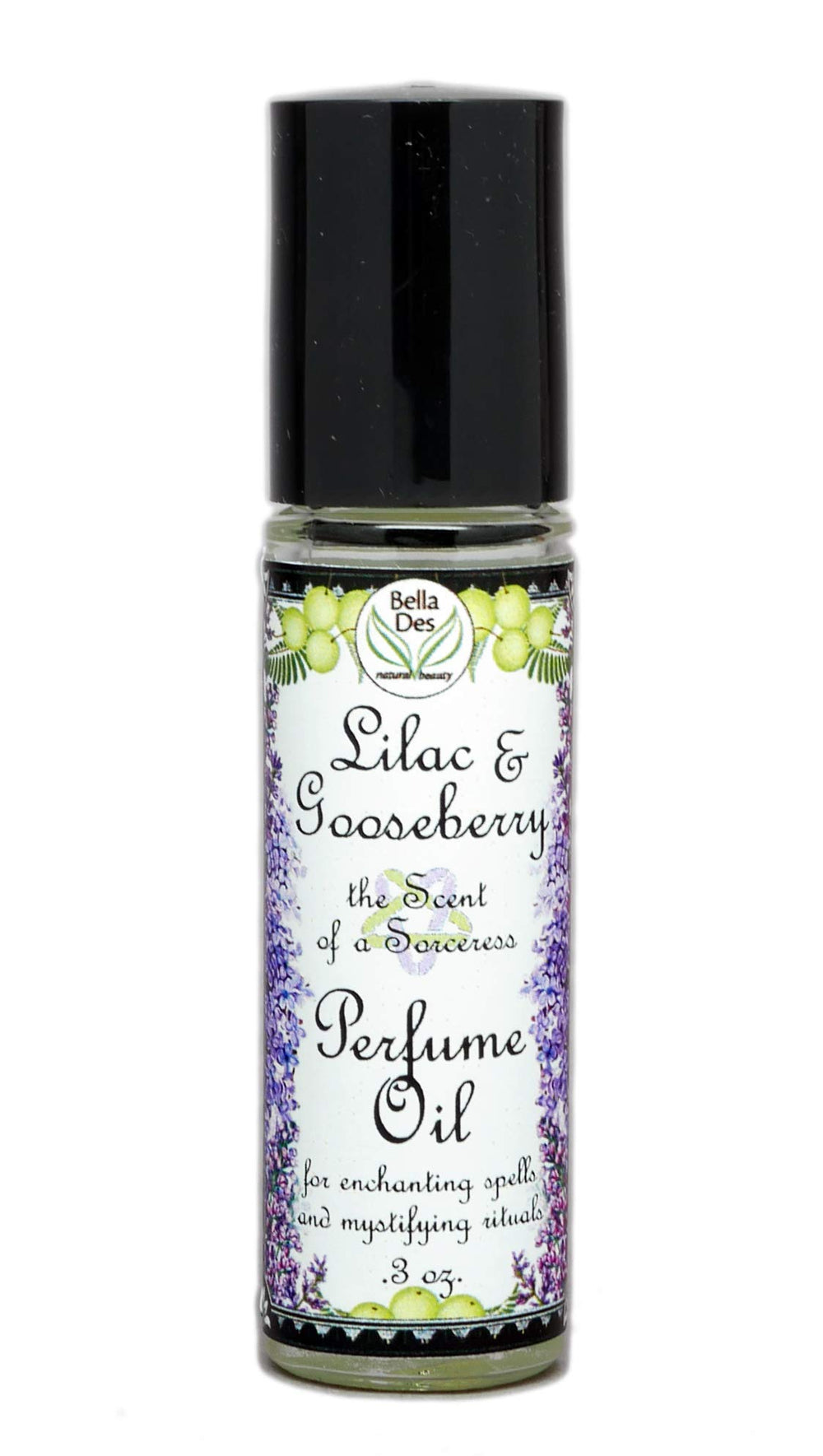 Bella Des Natural Beauty Lilac Gooseberry perfume oil bottle, compact on-the-go scent enhancer.