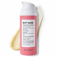 BellamiLuxx butt acne cream bottle against skin for daily use and smoother buttocks.