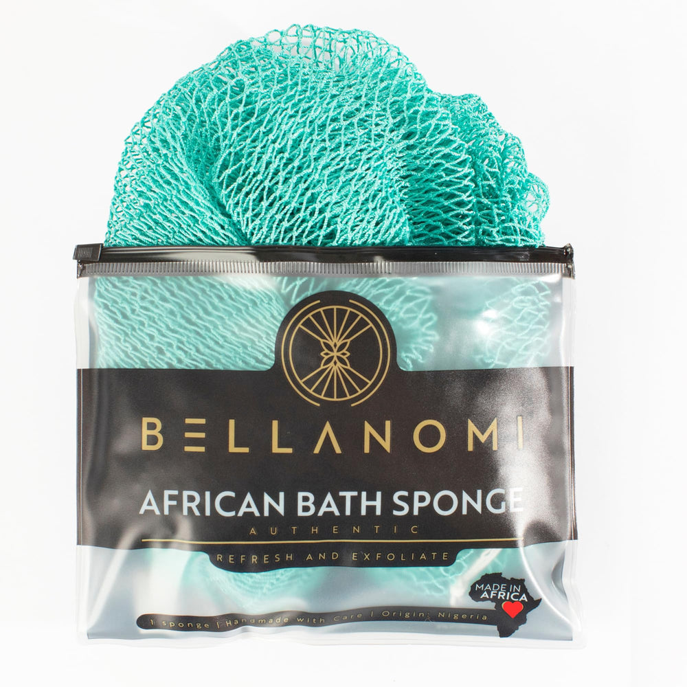 Esponja Bellanomi de red africana en tono aguamarina para piel suave.