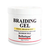 BELLATIQUE gel profesional para trenzas, botella grande, fijación duradera y brillo sutil.