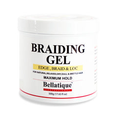 BELLATIQUE gel profesional para trenzas, botella grande, fijación duradera y brillo sutil.