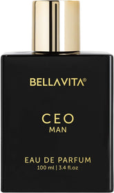 BellaVita Luxury CEO perfume bottle front view for men, highlighting sleek design and bold confidence.