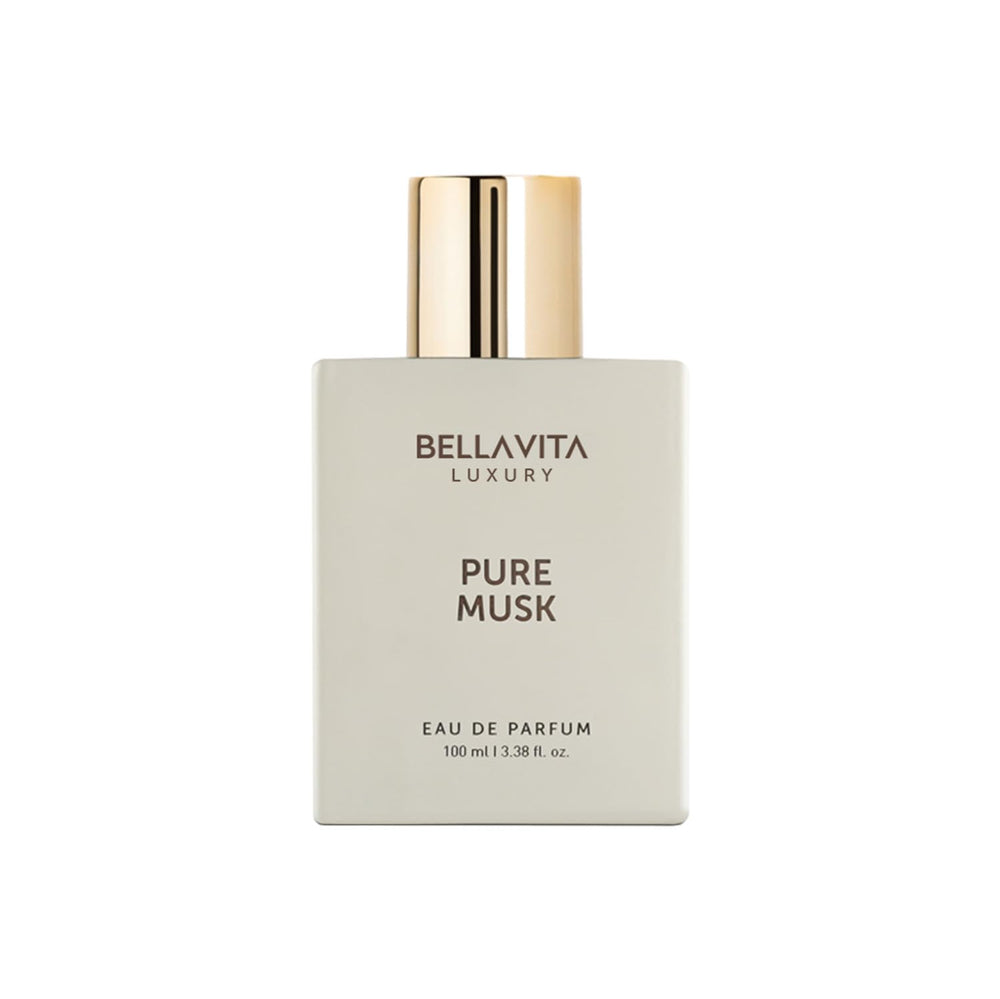 BellaVita Luxury Pure Musk unisex bottle front view highlighting elegant design and long-lasting aroma.