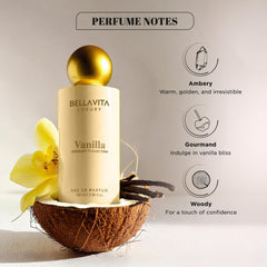 Closeup of Bellavita Vanilla EDP bottle highlight.