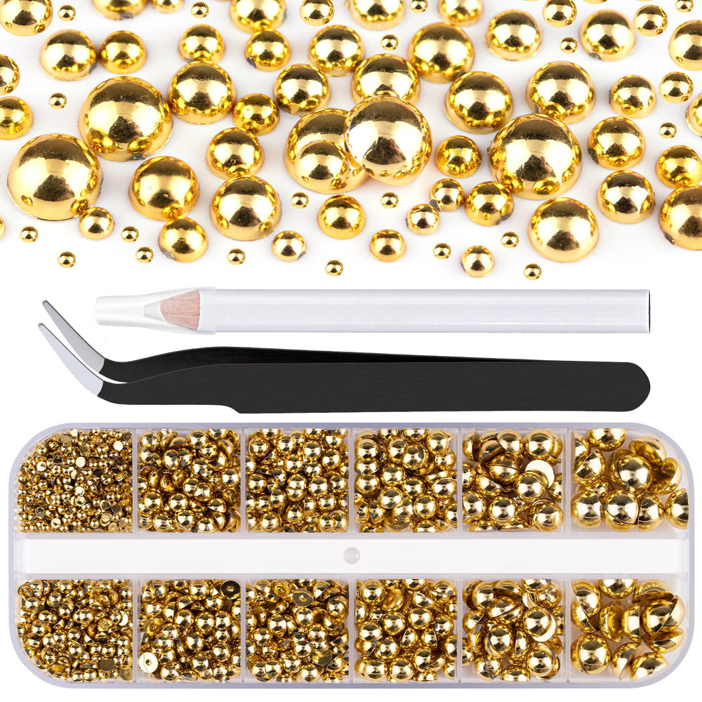 Belleboost gold nail pearls flat-back half-round for salon-ready shine.