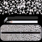BELLEBOOST silver nail charms in a box with half-round pearls for precise nail art.