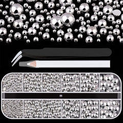 BELLEBOOST silver nail charms in a box with half-round pearls for precise nail art.