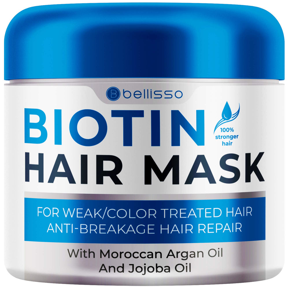 Mascarilla de biotina Bellisso: botella vertiendo para mayor volumen.