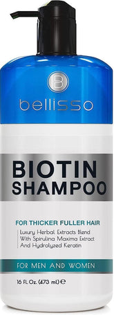 Bellisso Biotin Shampoo bottle front showing volumizing formula for thicker-looking hair