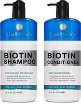 Bellisso biotin shampoo bottle front view highlighting thickening formula for fuller hair.