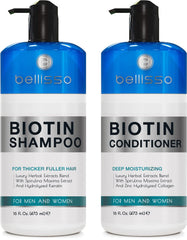 Bellisso biotin shampoo bottle front view highlighting thickening formula for fuller hair.