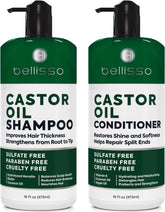 Bellisso castor oil shampoo bottle promotes volume and gentle cleansing.