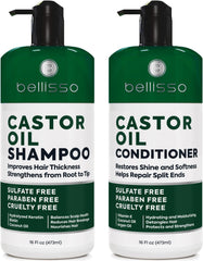 Bellisso castor oil shampoo bottle promotes volume and gentle cleansing.