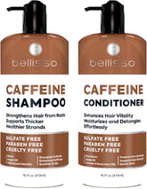 Bellisso champú cafeína en botella, volumen visible para cabello fino.
