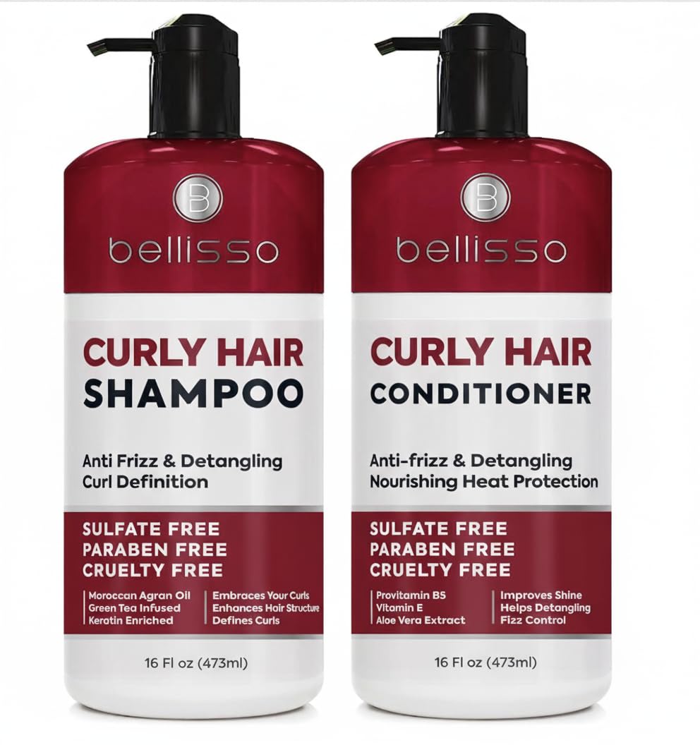 Bellisso Curly Shampoo bottle pour demonstrates a hydrating formula for curls.
