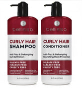 Bellisso Curly Shampoo bottle pour demonstrates a hydrating formula for curls.