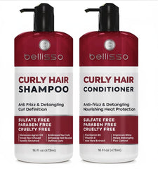 Bellisso Curly Shampoo bottle pour demonstrates a hydrating formula for curls.