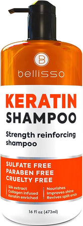 Bellisso Keratin Champú, botella vertida, limpieza suave y reparación del cabello.