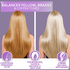 Bellisso mascarilla morada para cabello rubio, tono equilibrado y brillos sutiles.