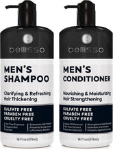Bellisso men's shampoo bottle close-up, highlighting sulfate-free daily cleansing.