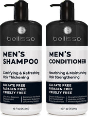 Bellisso men's shampoo bottle close-up, highlighting sulfate-free daily cleansing.