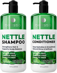 Bellisso nettle shampoo bottle promotes volume for thinning hair.