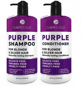 Bellisso purple shampoo bottle closeup showing color correction for blonde and gray hair