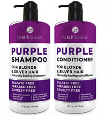 Bellisso purple shampoo bottle closeup showing color correction for blonde and gray hair