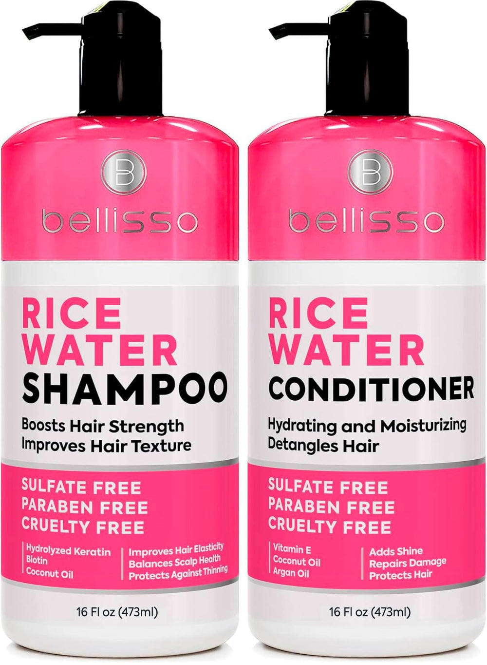 Bellisso Rice Water Shampoo bottle shows a gentle cleanse for thinning hair.