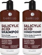 Bellisso salicylic acid shampoo bottle showing cleansing action against flakes.