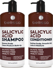 Bellisso salicylic acid shampoo bottle showing cleansing action against flakes.